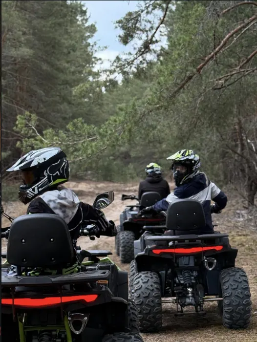 Колонна квадроциклов по лесной тропе